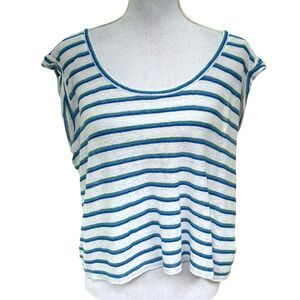 Veronica Beard Jeans Striped Cap Sleeve Tee Shirt Women’s Large Blue White
